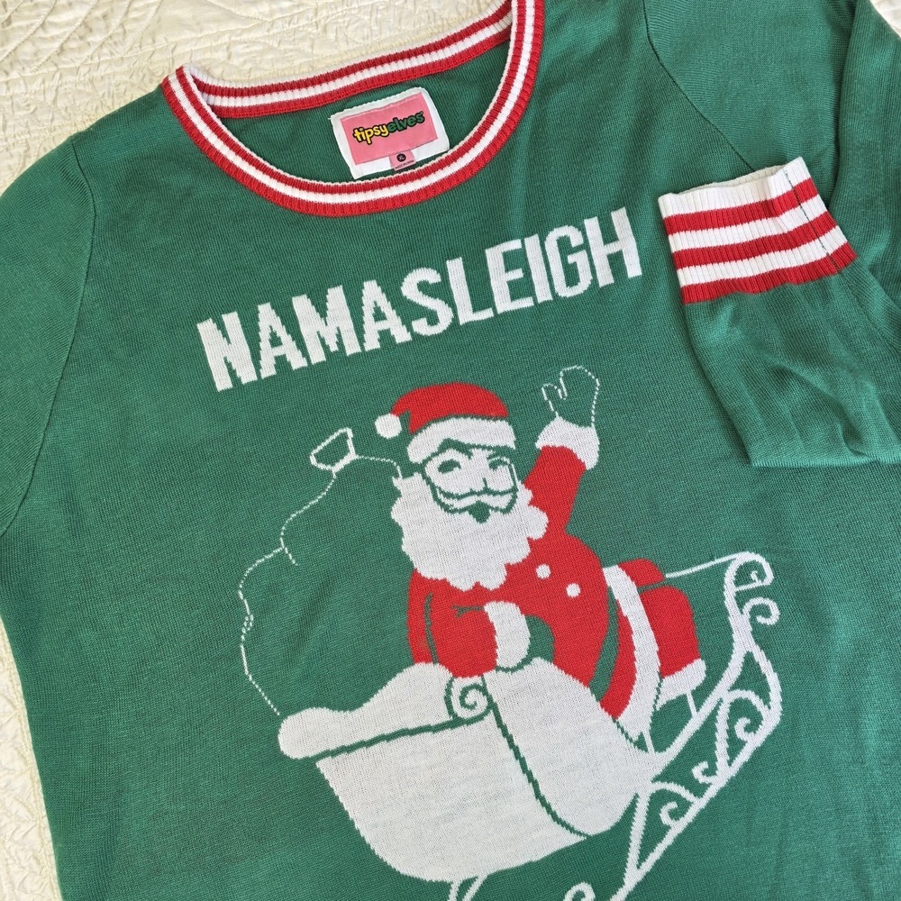Tipsy Elves NAMASLEIGH Yoga Santa Hello‎ UGLY CHRISTMAS in Green Red Sweater XL